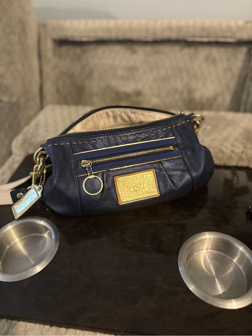 Coach Navy Leather Wristlet with Gold Plaque metallic